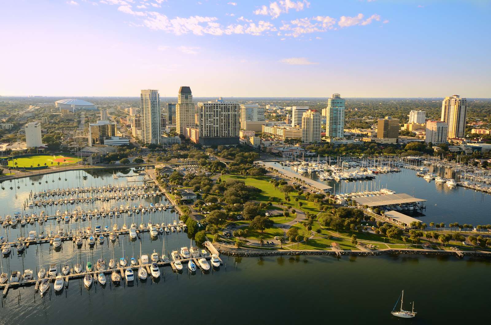 Aerial view of the St. Petersburg skyline and marina in Pinellas County, Florida — Homeland Public Adjusters serves Pinellas County property owners
