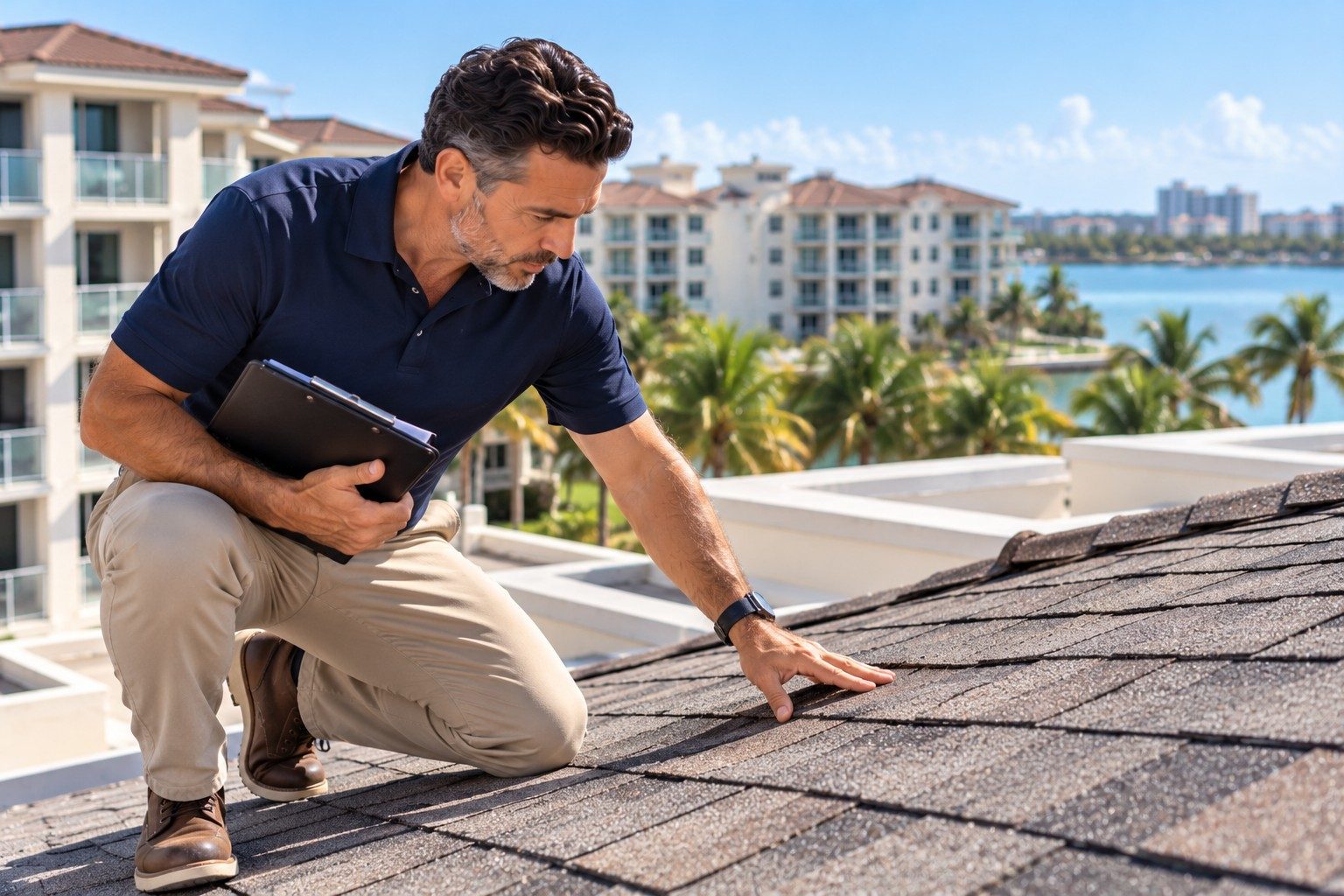 Public adjuster kneeling on a shingle roof during a storm damage inspection in Florida