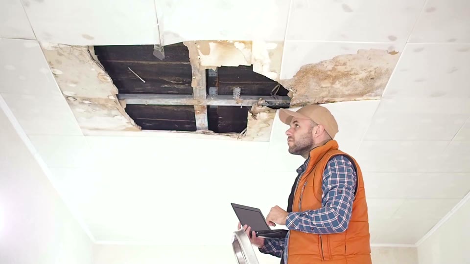 Adjuster inspecting a water-damaged ceiling with exposed rotted framing