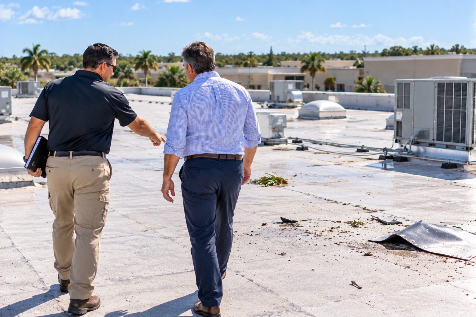 Two public adjusters inspecting hurricane damage on a commercial flat roof
