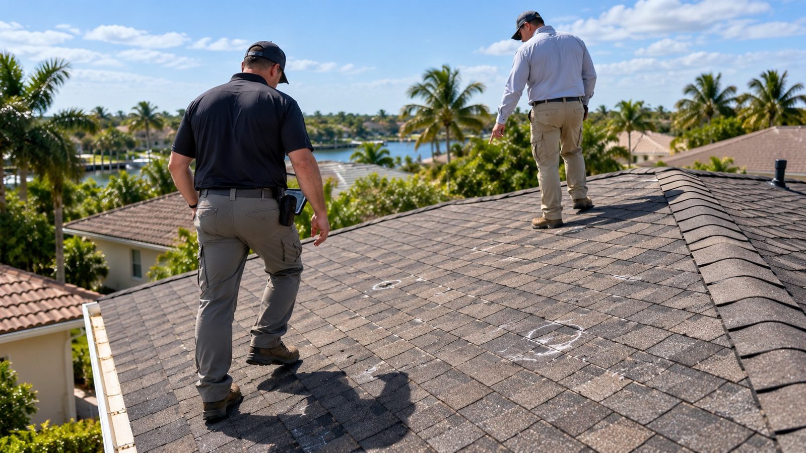 Two Homeland public adjusters inspecting a shingle roof with chalk-marked hail test squares at a Florida waterfront home