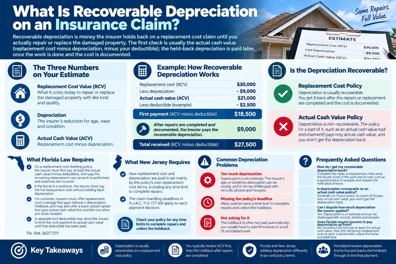Infographic on recoverable depreciation: replacement cost, depreciation and actual cash value, a $30,000 roof example, Florida and New Jersey rules, and common problems