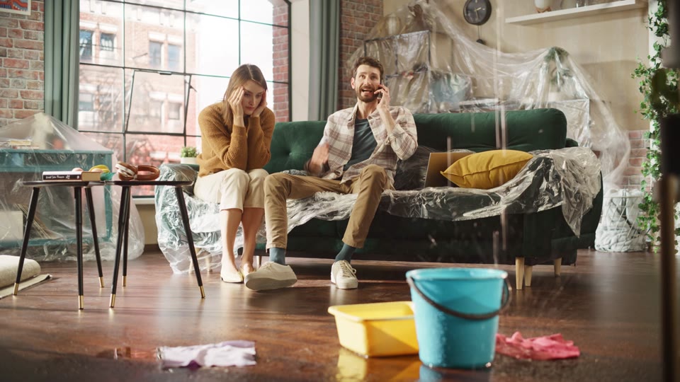 Couple sitting on a plastic-covered sofa with a bucket catching a water leak in their rental