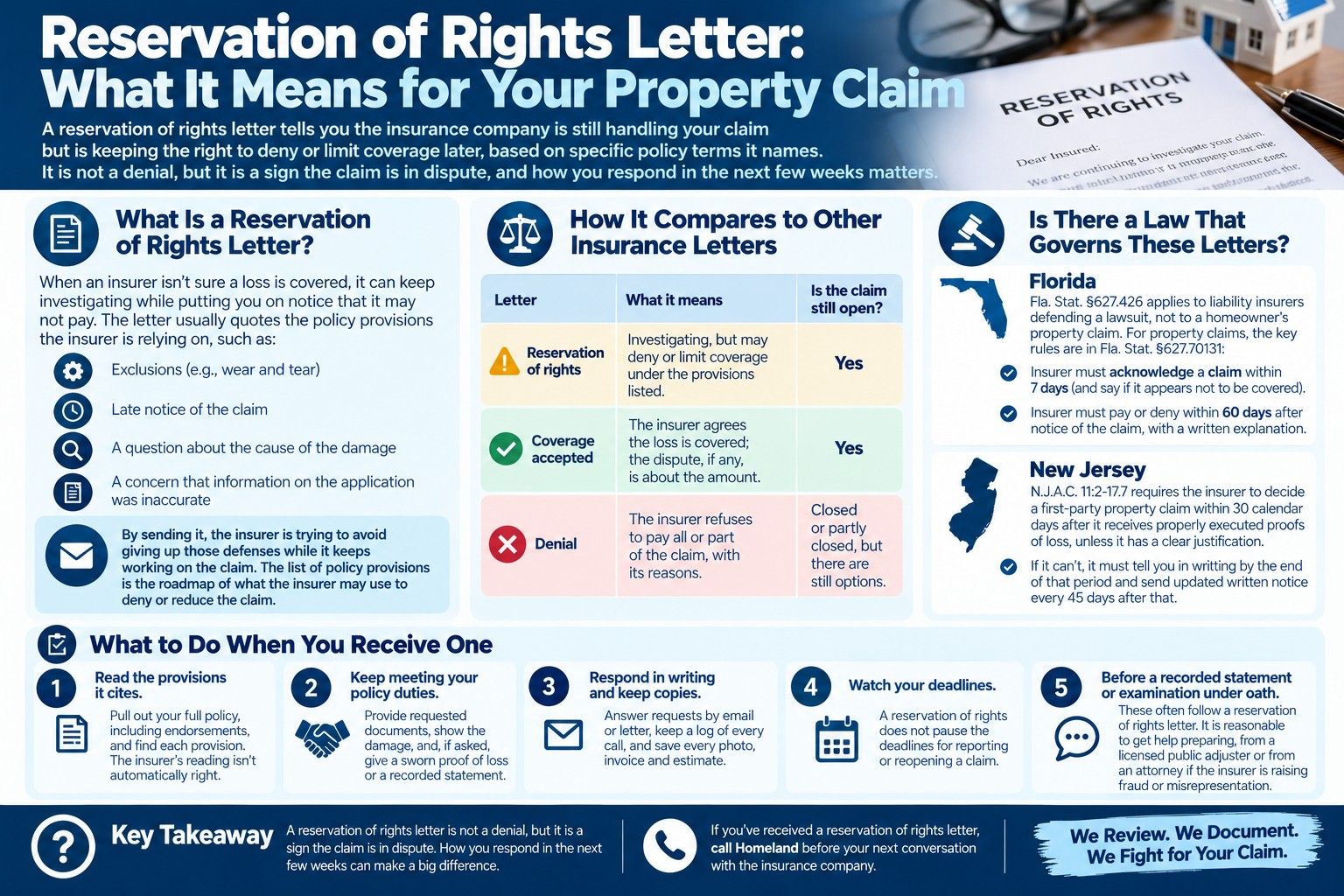 Infographic explaining a reservation of rights letter on a property claim: what it is, how it compares to a denial, the Florida and New Jersey rules, and five steps to take
