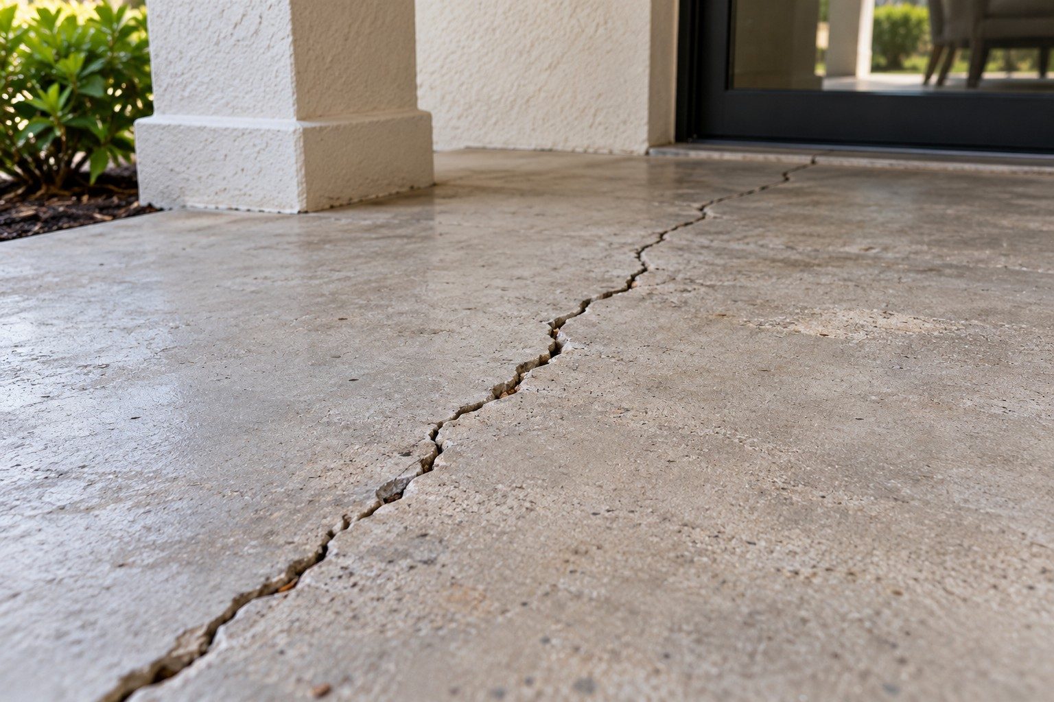 Jagged crack running across a concrete patio slab toward the foundation of a Florida home, a common sinkhole warning sign