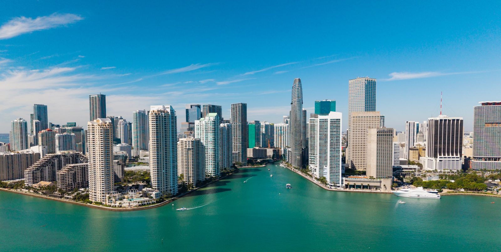 Aerial view of Brickell condominium towers along the Miami River in South Florida