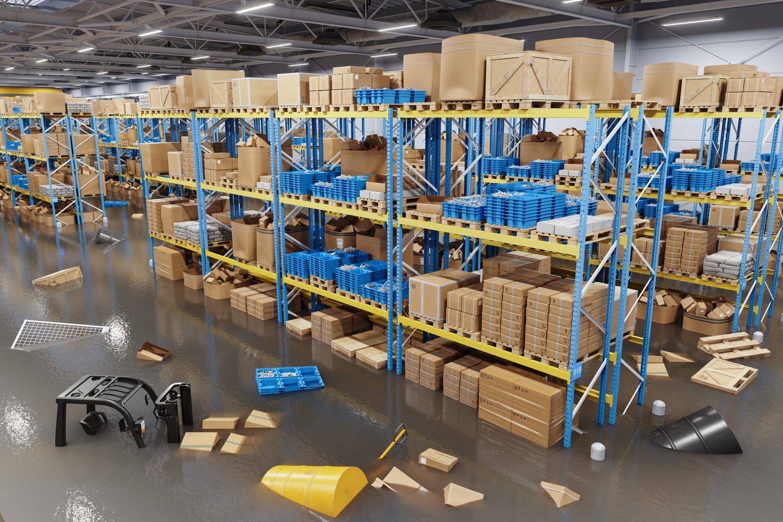 Flooded warehouse floor with pallet racking and water-damaged inventory