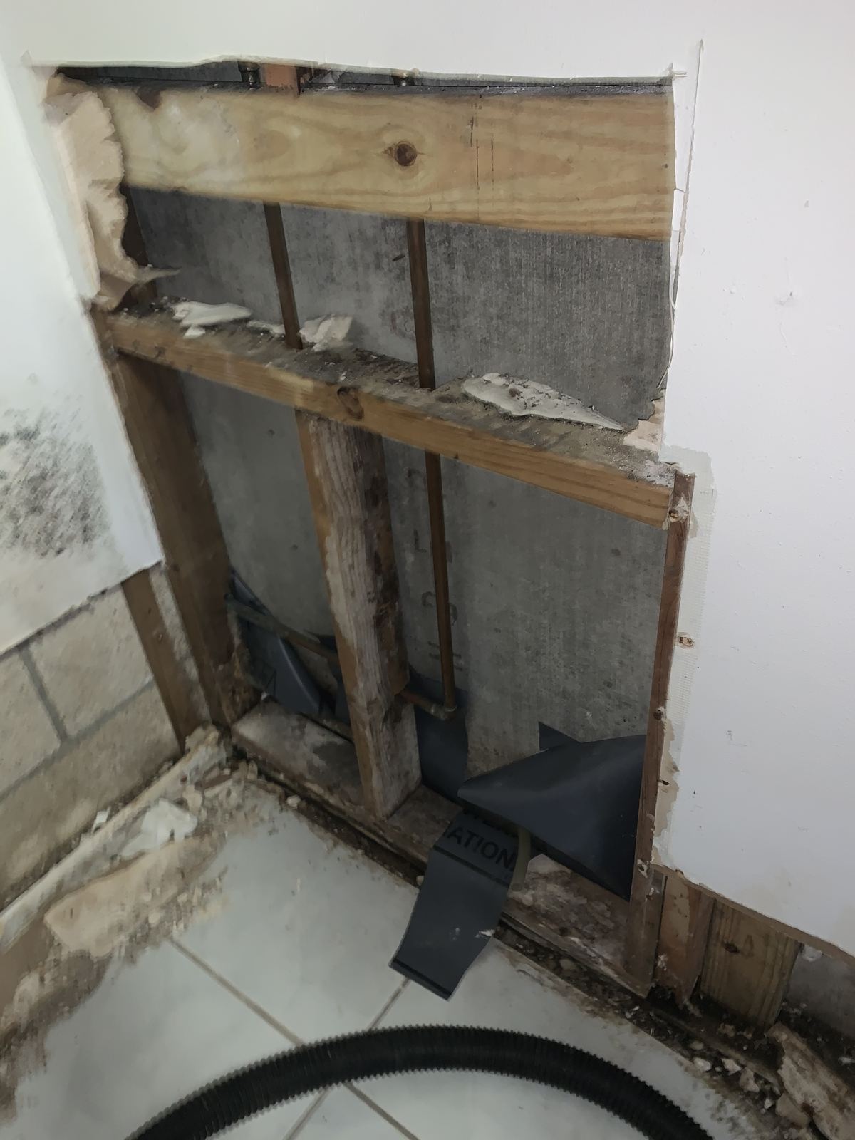 Gutted bathroom wall exposing studs and insulation during a water damage repair in South Florida