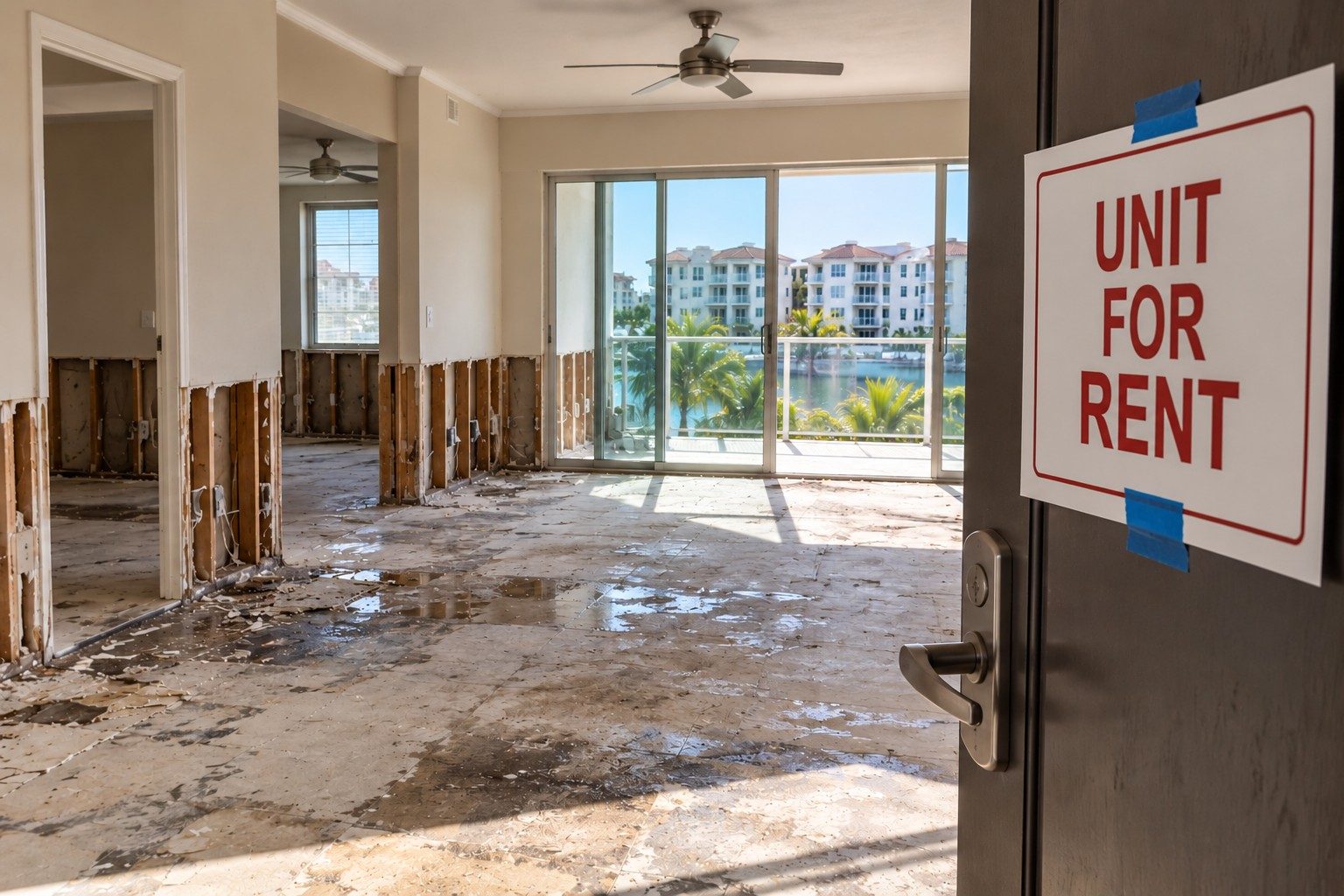 Water-damaged rental unit with a Unit For Rent sign on the door