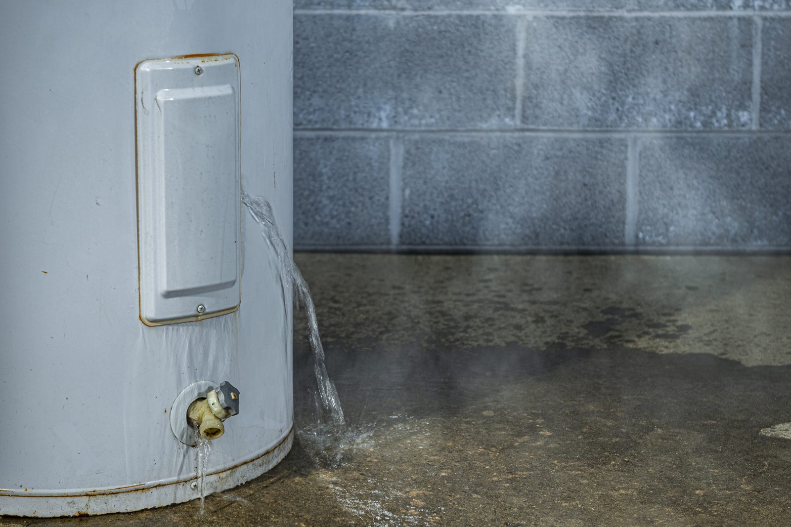 Tank water heater leaking water onto a basement floor